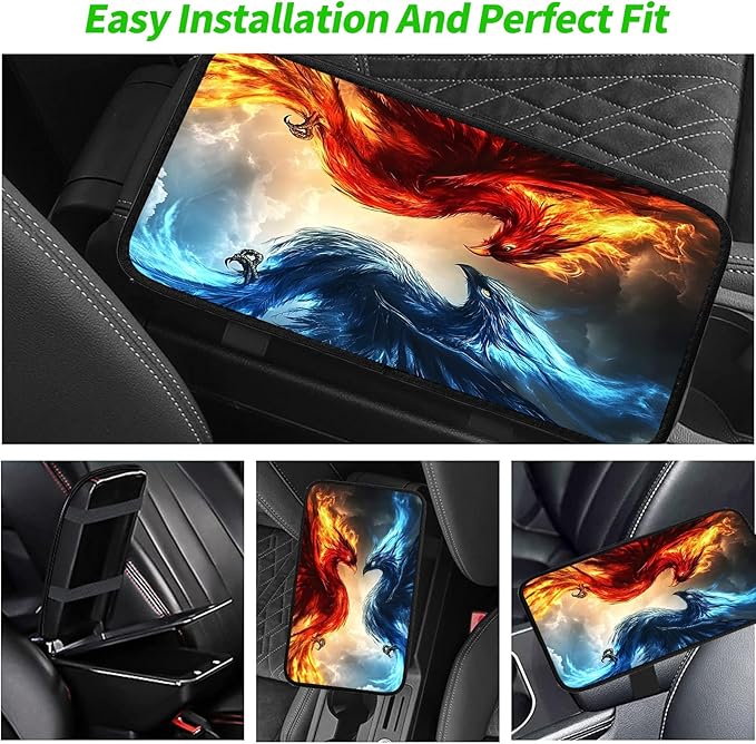 JANENFNA Car Armrest Cover Pads Universal Fashion Cute Auto Center Console Armrest Cover Pad with 2PCS Car Coasters Soft Waterproof Car Armrest Seat Protector for Women,LCE Fire Phoenix