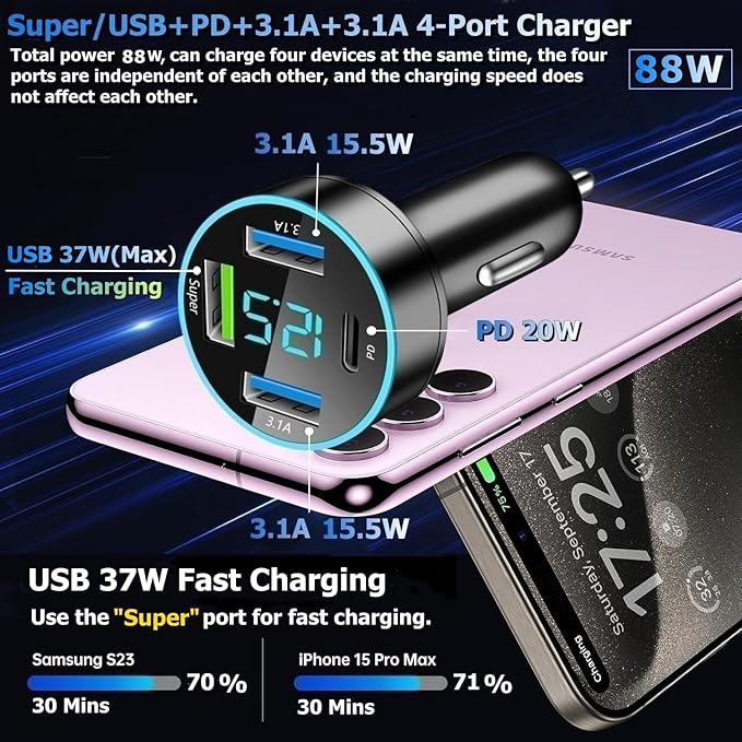 88W Car Charger Super Fast Charging Cigarette Lighter USB Phone Accessories Charger Voltmeter Adapter with QC USB c Type c PD Universal Quick Charge Multi 4 Port for 12-24v Car Cigarette Lighter Plug