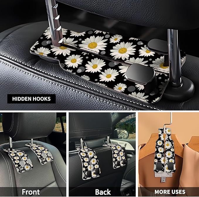 NUGGHU Car Seat Headrest Hook, Universal Leather Cute Hanger Holder Hook, Storage Organizer Interior Accessories for Purse Bags Handbag Cute Daisys