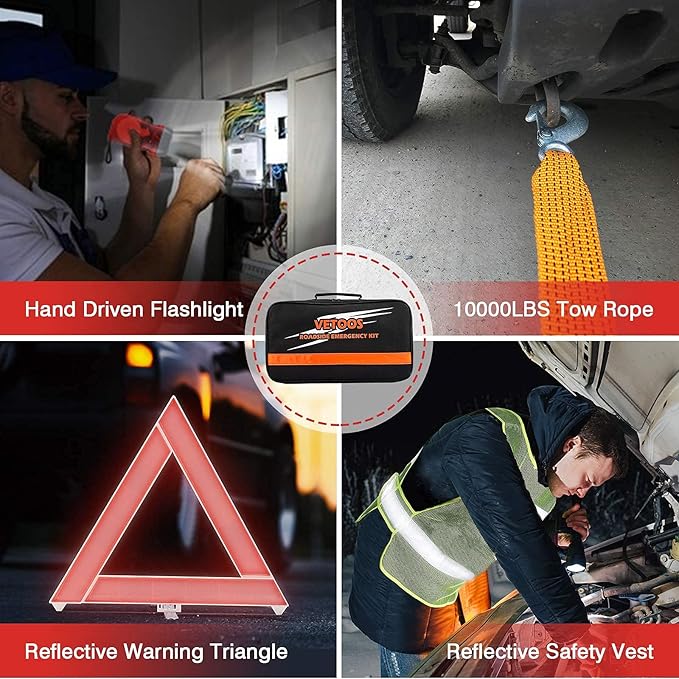 Car Roadside Emergency Kit with Jumper Cables, Auto Vehicle Safety Road Side Assistance Kits, Winter Car Kit for Women and Men, with Portable Air Compressor, First Aid Kit, Tow Rope, Multitool Plier