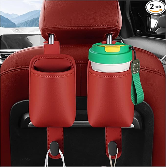 2-Pack Car Seat Back Cup Holder Organizer, Faux Leather Car Cup Holders with Hooks, Universal Backseat Storage for Drinks, Bottles & Travel Accessories (Red)
