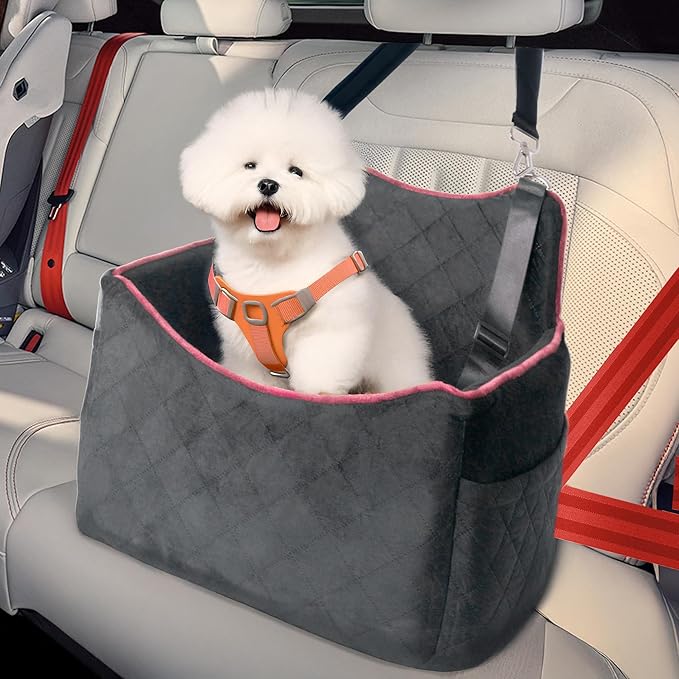 Dog Car Seat for Medium Sized Dogs 30 lbs, Safety Dog Booster Seat for Small Dogs Hooks to The Seatbelt & with Elevated Cushion, Waterproof Washable Travel Doggy Car Seat with Storage Pockets(Gray)