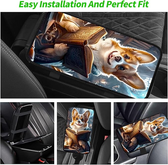 JANENFNA Car Armrest Cover Pads Universal Fashion Cute Auto Center Console Armrest Cover Pad with 2PCS Car Coasters Soft Waterproof Car Armrest Seat Protector for Women,Magical Book Puppy