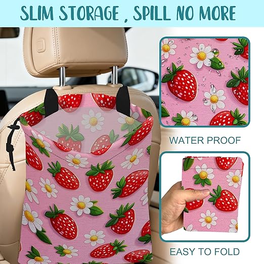 KXWQTRDD Car Garbage Bag Abstract Strawberry and Floral Hanging Canvas Car Trash Bag Drawstring Car Back Seat Organizer for Car Back Front Seat Console with Adjustable Buckle