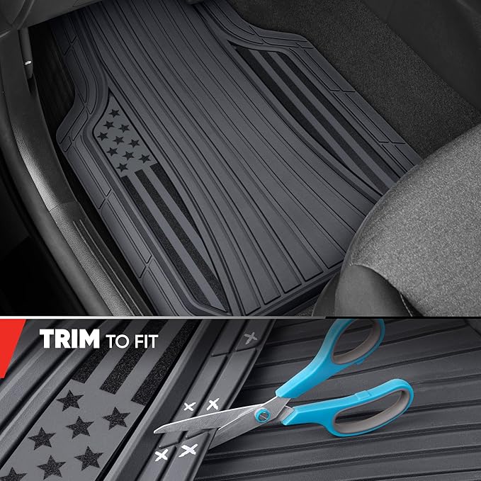MotorTrend Black Flag Rubber Floor Mats – All Weather Car Mats with American Flag Stars & Stripes Design, Heavy-Duty Automotive Floor Mats for Cars, SUVs & Trucks Grey/Black