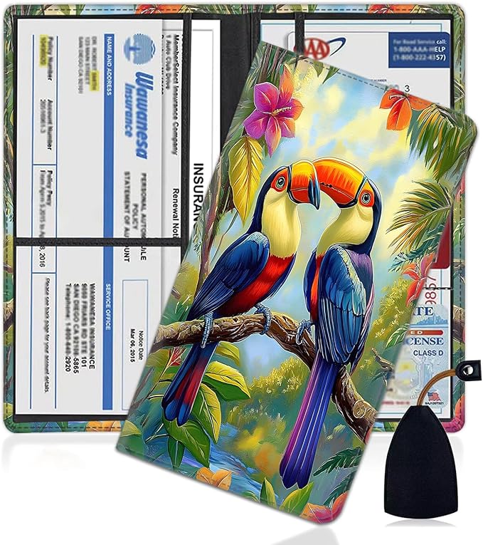 Car Document Holder with Magnetic Shut, Car Registration and Insurance Card Holder, Vehicle Glove Box Organizer Documents, Driver License, Auto Paperwork Organizer Wallet, Colorful Bird In Rainforest