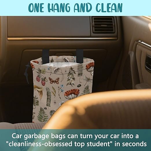 KXWQTRDD Car Garbage Bag Vintage Mushroom Forest Plants Drawstring Car Trash Bag Hanging for Back Seat with Adjustable Buckle Canvas Vehicle Trash Can Easy-to-Install