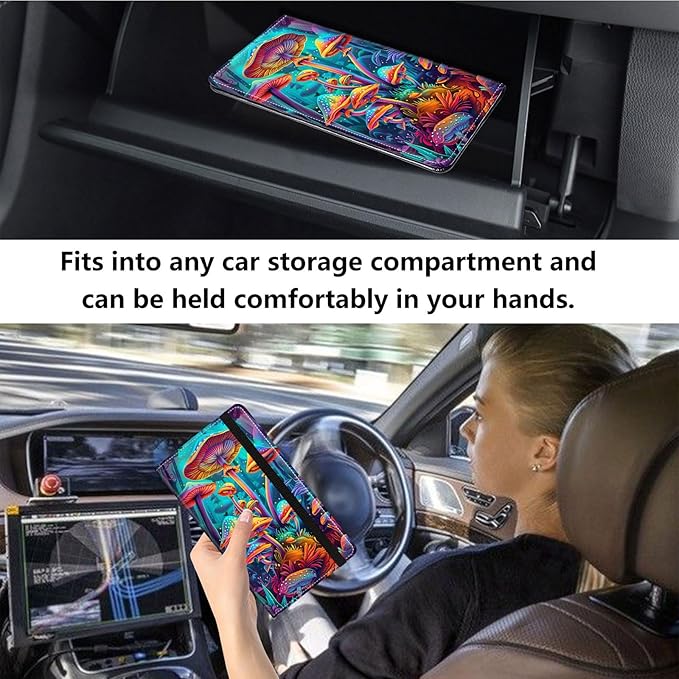 Qindaiwen Car Registration and Insurance Holder, Vehicle Card Document Elastic Band Closure Glove Box Organizer, Driver License Cards, Car Accessories for Essential Info, Colourful Mushroom 03