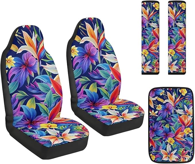 FUSURIRE 5 Pieces Colorful Hibiscus Flowers Car Accessories Set PU Front Seat Covers, Seat Belt Covers & Center Armrest Pad,Universal for Car,SUVs,Van,Small Trucks
