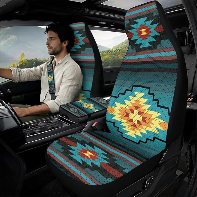 Psesaysky Aztec Design Car Accessories for Women Men, Breathable Car Seat Cover Protector with Seat Belt Shoulder Strap Pad, Armrest Cushion Protector for SUV Truck Sedan Van