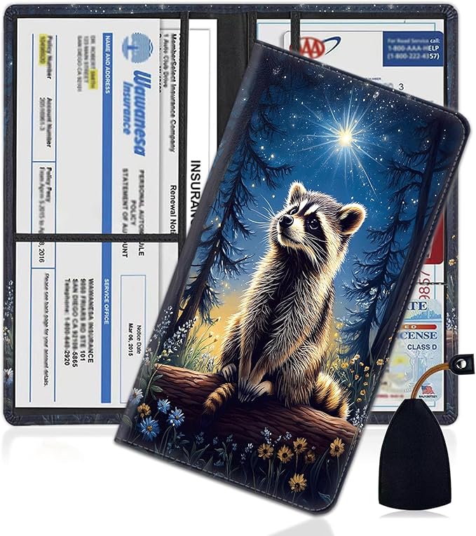 Car Document Holder with Magnetic Shut, Car Registration and Insurance Card Holder, Vehicle Glove Box Organizer Documents, Driver License, Auto Paperwork Organizer Wallet, Night Forest Raccoon Pattern