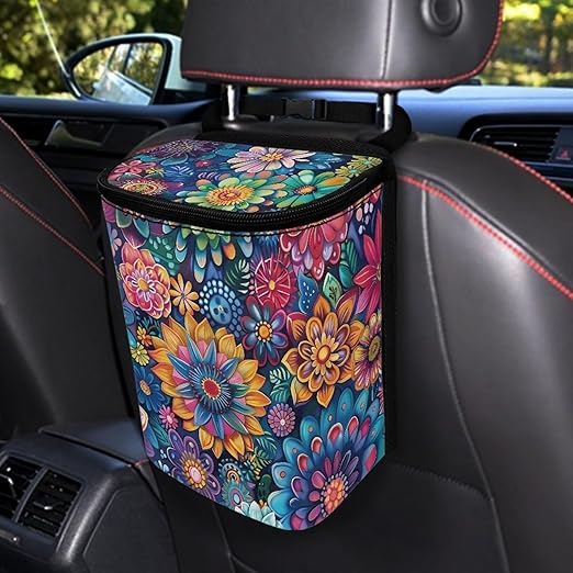 Boho Floral Car Trash Can Lightweight Multipurpose Trash Bin for Car Leak Proof Automotive Garbage Cans Fashion Interior Accessories Universal Fit for Cars Truck Van SUV