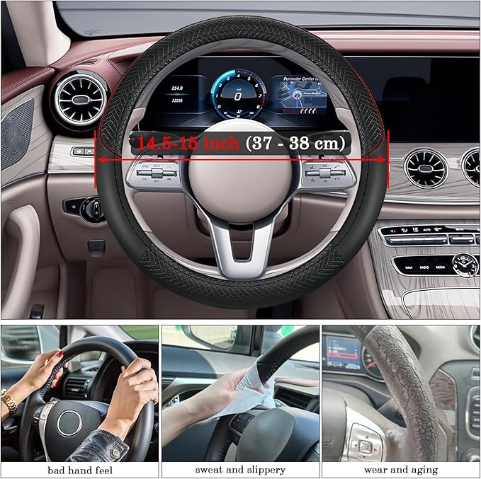 Black Car Steering Wheel Cover, Microfiber, Leather Patchwork, Universal 14.5-15 Inch Leather Anti-Slip Breathable Auto Steering Wheel Covers for Men Women