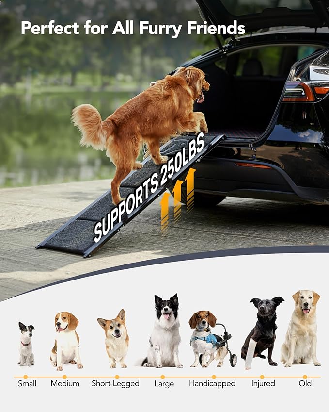 PetThem Upgraded Dog Ramp for Car 71'' X-Long & 19.7" Wider Folding Dog Ramps for Large Dogs with Non-Slip Rug Surface Portable Doggy Ramps for SUV Car & Truck, Up to 250 LBS