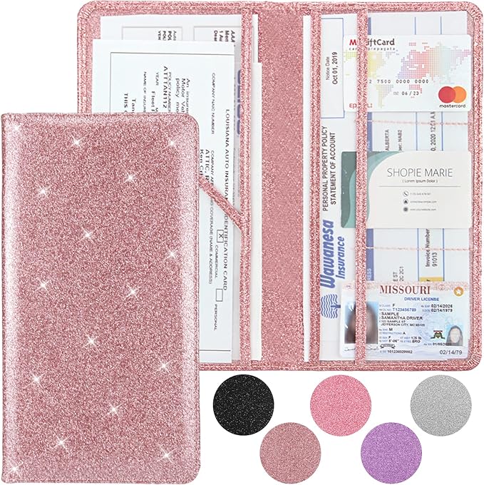 Car Registration and Insurance Holder, Premium Leather Insurance and Registration Holder,vehicle Glove Box Car Organizer, with Magnetic Shut for Cards, Driver License (Glitter Rose Gold)