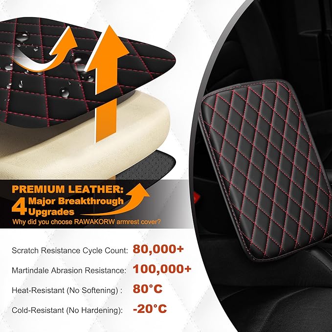 Center Console Cover for Cars Fit for Jeep Cherokee Compass Gladiator Liberty Patriot Renegade Wrangler Leather Armrest Covers with 2 Storage Bags(Black&Red)