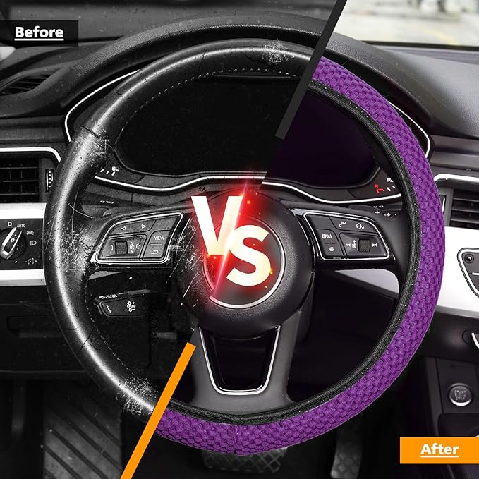 KAFEEK Elastic Stretch Steering Wheel Cover 15 Inch, Breathable Ice Silk Microfiber, Non-Slip Grip, Warm in Winter and Cool in Summer, Odorless, Car Accessories Fit Cars, SUVs, Purple