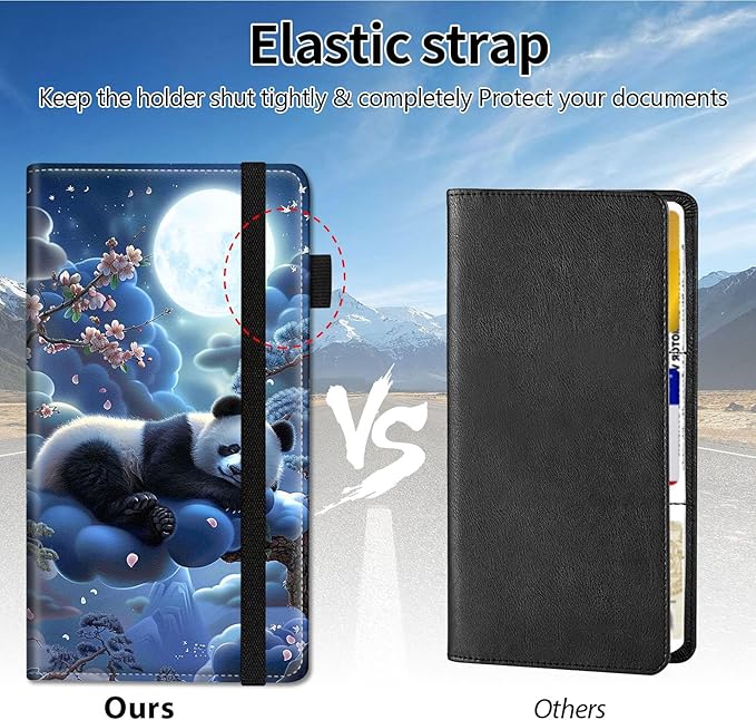 Qindaiwen Car Registration and Insurance Holder, Vehicle Card Document Elastic Band Closure Glove Box Organizer, Driver License Cards, Car Accessories for Essential Info, Panda