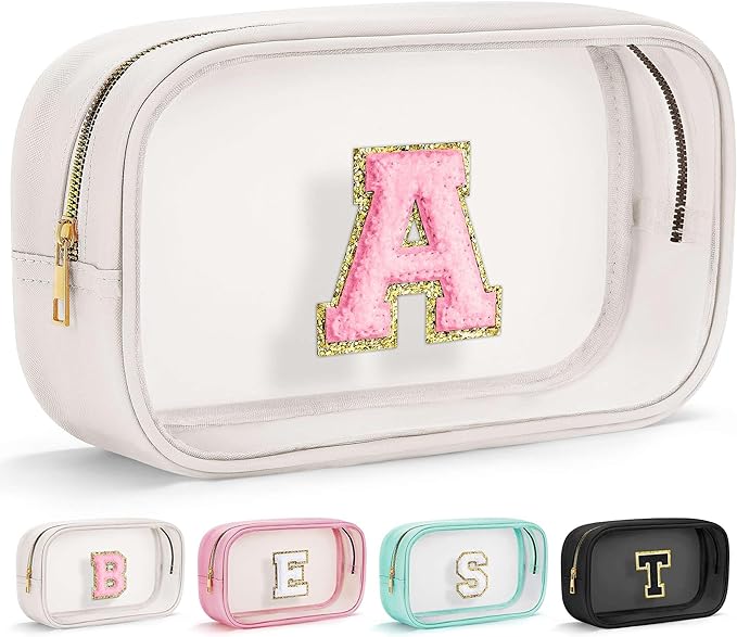 YOOLIFE Initial Make Up Bag Travel Toiletry Bag, Clear Makeup Bag Preppy Stuff Travel Essentials Pink Gifts for Women Teen Girlfriend Teacher Mom Birthday Valentines Gifts for Her Wife White A