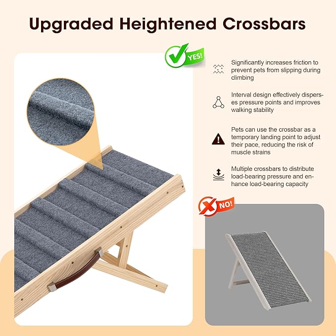 Dog Ramp for Bed, 43.3" Long Wooden Pet Ramp for Small & Large Dogs, 4 Adjustable Heights 12.6" to 24" with Anti-Slip Carpet & Carrying Handle Holds, Portable Dog ramps for Car, Bed, Couch, Outdoo