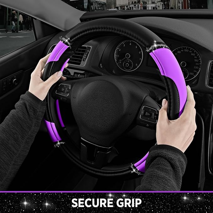 Road Comforts Leather Steering Wheel Cover - Made with PVC Leather - Anti-Slip, Universal Fit 14 1/2 inches to 15 inches - Purple