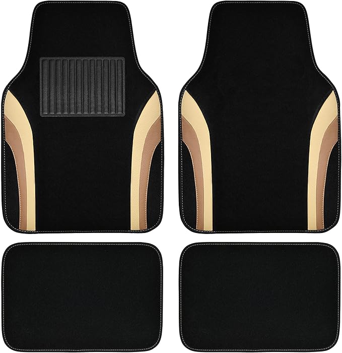 CAR PASS Beige Leather Car Floor Mats, Sporty Waterproof Car Carpet,Universal Automotive Floor Mats Fit for Sedans, Cars, Mid Trucks, Vans, SUV, Set of 4 (Black and Beige)