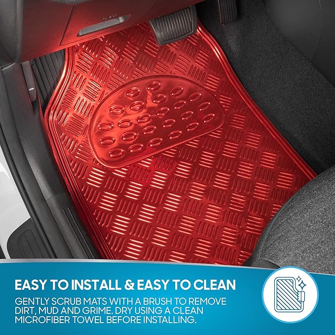 BDK Metallic Chrome Car Floor Mats All-Weather Universal Fit Automotive Floor Mats for Cars SUVs, Floor Mats for Trucks, Car Mats Full Set Front & Rear, Non-Slip Backing - Red