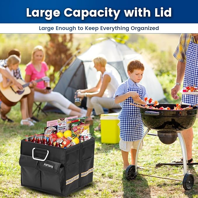 PIPTang Trunk Storage Organizer with Lid, 35cm Small 36L Collapsible Car Trunk Organizer,Small Car Organizer Aluminium Handle, Car Accessories for Sedan Auto SUV Truck Minivan Road Emergency Black