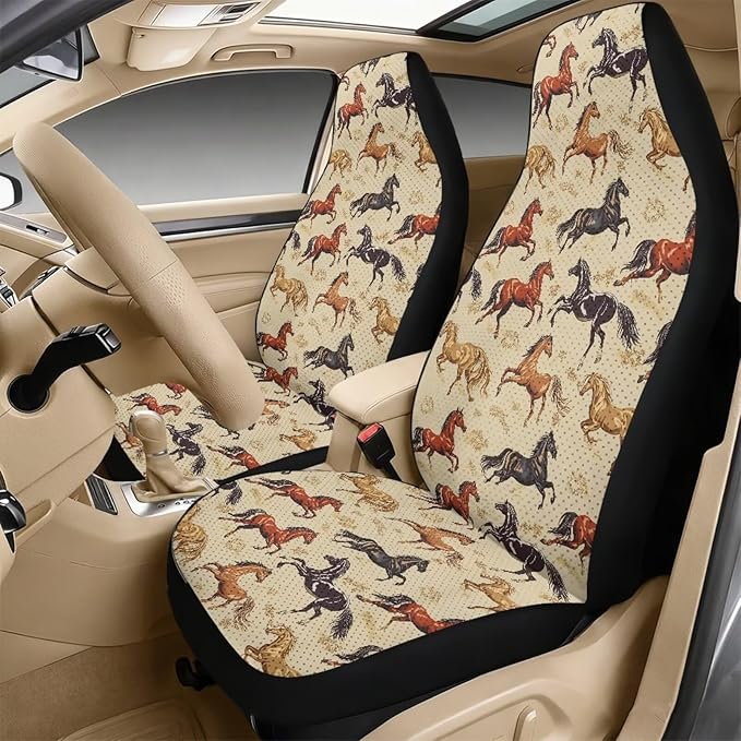 FUSURIRE Universal Horse Print Car Interior Accessory Set 5Pcs PU Front Seat Covers, Seat Belt Covers & Center Armrest PadFit for SUV Truck Van Year Round Use