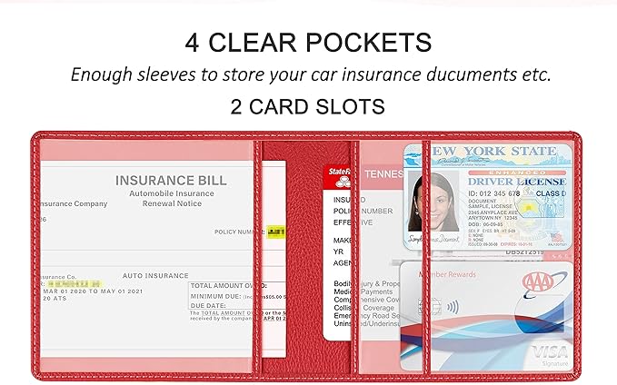 New Fashion Kingdom Car Registration and Insurance Holder, Premium PU Leather Vehicle Glove Box Car Organizer Men Women Wallet Accessories Case for ID, Driver's License - Red