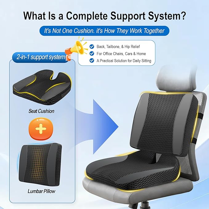 Back Cushions & Seat Cushions: Memory Foam Car Seat Cushion with Lumbar Support Pillow for Long Driving, Office Chair Pillow for Butt and Back Pain Relief, Great for Car, Office, Desk Chair - Black