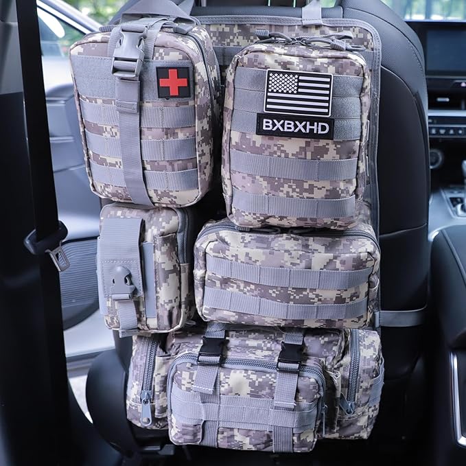 Universal Tactical Car Seat Back Organizer Bag Tactical Molle Vehicle Organizers Panel Vehicle Protector Organizers with 5 Detachable Pouches for Car Truck Ford Jeep (ACU)