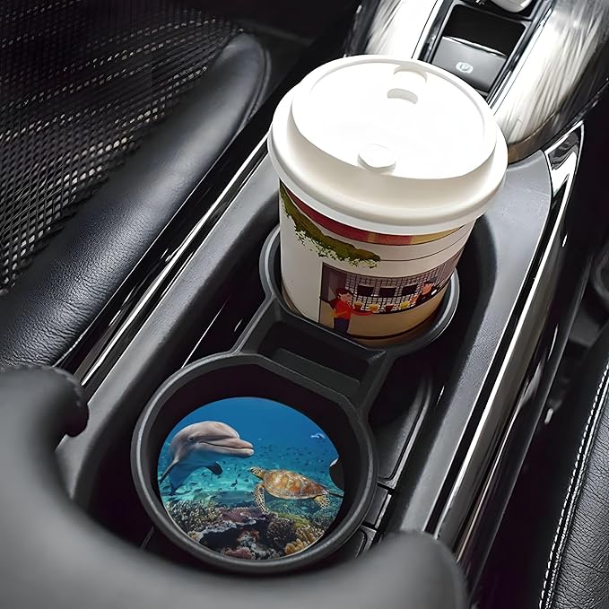 HUWAAI Dolphin Turtle Reef Ocean Car Cup Holder Coasters 2 Pack Universal 2.63 Inch Anti Slip Ceramic Absorbent Coaster with Cork Base and Finger Notch Cute Car Accessories Interior for Women