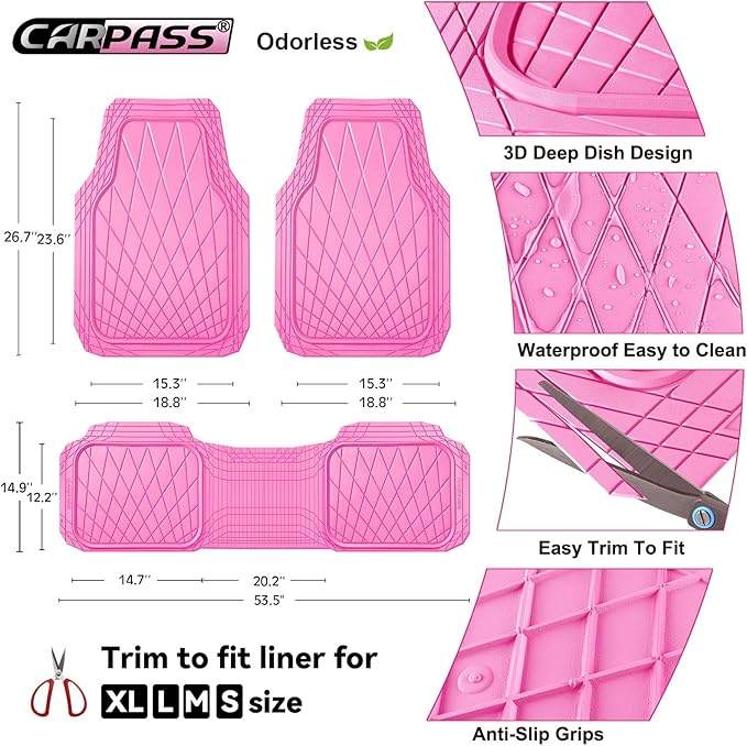 CAR PASS Heavy Duty Rubber Car Floor Mats, Deep Dish All Weather Car Mats Full Set, 3 Piece Waterproof Premium Anti-Slip Floor Mats Rugs Universal Trim to Fit for 95% Sedan SUV Van Truck, Pink