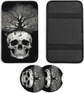 Car Armrest Cover Pads Universal Fashion Cute Auto Center Console Armrest Cover Pad with 2PCS Car Coasters Soft Waterproof Car Armrest Seat Protector for Women,Black White Skull Tree
