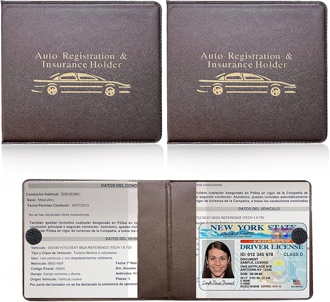 Ziciner Car Registration Insurance Holder, 2Pack Essential Auto Card Document Glove Box Organizer with Touch Fastener, Vehicle Interior Accessories Perfect for Most Car, Truck, SUV (Brown/Gold Words)