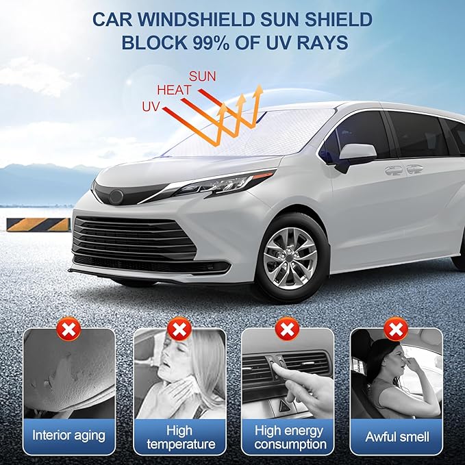 KMF Windshield Sun Shade for Toyota Sienna 2021-2024 2025 with 310T Foldable Car Sun Shade,Custom Fit Sunshade for Front Window Sun Visor Protector Interiors Block UV Rays Accessories