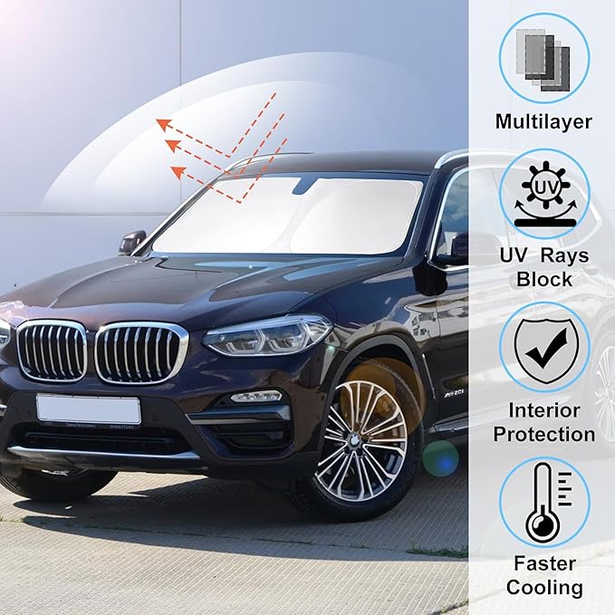 Windshield Sun Shade Compatible with 2018-2024 2025 BMW X3 Accessories Foldable Sunshade Sun Blocker Protect Car from Sun Rays & Heat Damage