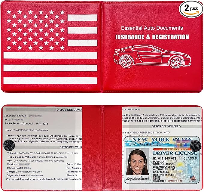 Ziciner Car Registration Insurance Holder, 2Pack Essential Auto Card Document Glove Box Organizer with Touch Fastener, Vehicle Interior Accessories Perfect for Most Car, Truck, SUV (Red/Back Flag)