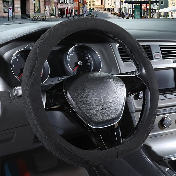 14 inch Black Suede D Shaped Steering Wheel Cover, Breathable Non-Slip Sweat-Proof Wear-Resistant No Pilling, Warm in Winter and Cool in Summer