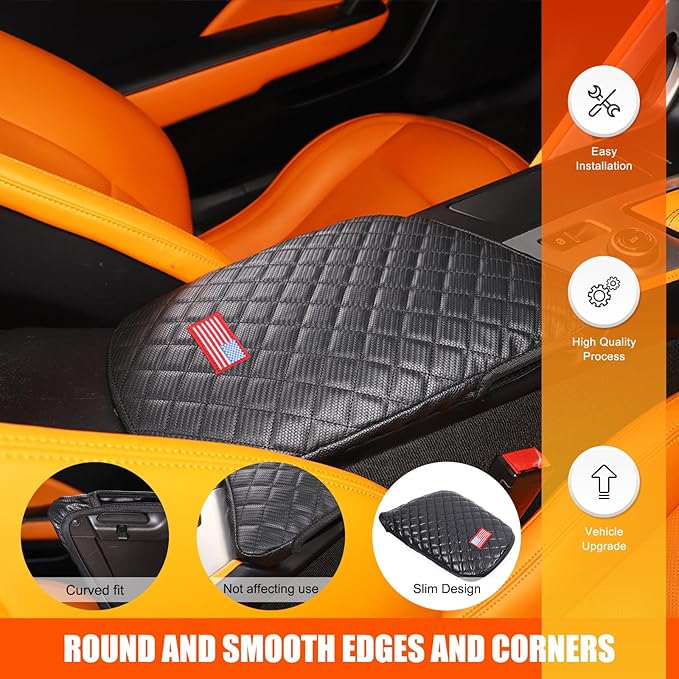 Upgraded Center Console Cover Pad Compatible with Corvette C7 2014-2019 Waterproof Armrest Seat Box Cover PU Leather Cover Arm Rest Covering Protector Accessories (American Flag USA)
