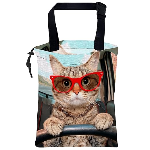Car Trash Bag Cat Driving Car Car Garbage Bag Waterproof Car Trash Can for Back Seat with Adjustable Straps and Drawstring, Foldable Car Trash Bin for Car Accessories Vehicle Travelling Camping