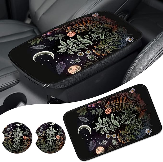 Car Armrest Cover Center Console Covers for Cars, Universal Waterproof Auto Arm Rest Covering Car Middle Console Armrest Seat Box Cover Protector +Car Coaster-Flowers Plants Moon Night