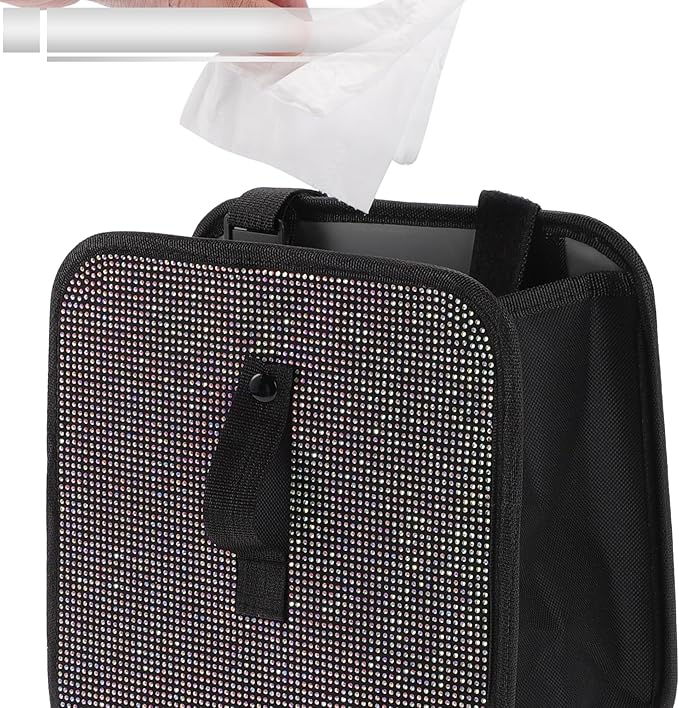1 Pcs Universal Car Trash Can Hanging 9.1" Length 5.5" Width 9.1" Height Trash Bin Multicolor Fabric Rhinestone