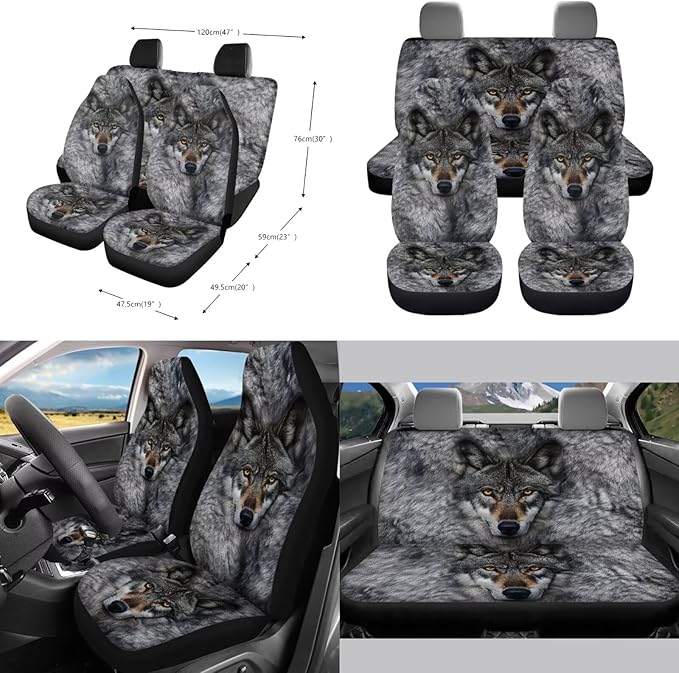 Wolf Printed Car Interior Cover Sets, Car Front Rear Seat Cover with Steering Wheel Protector Coaster Trash Can Air Vent Storage Bag, Universal Fits Auto Interior Accessories
