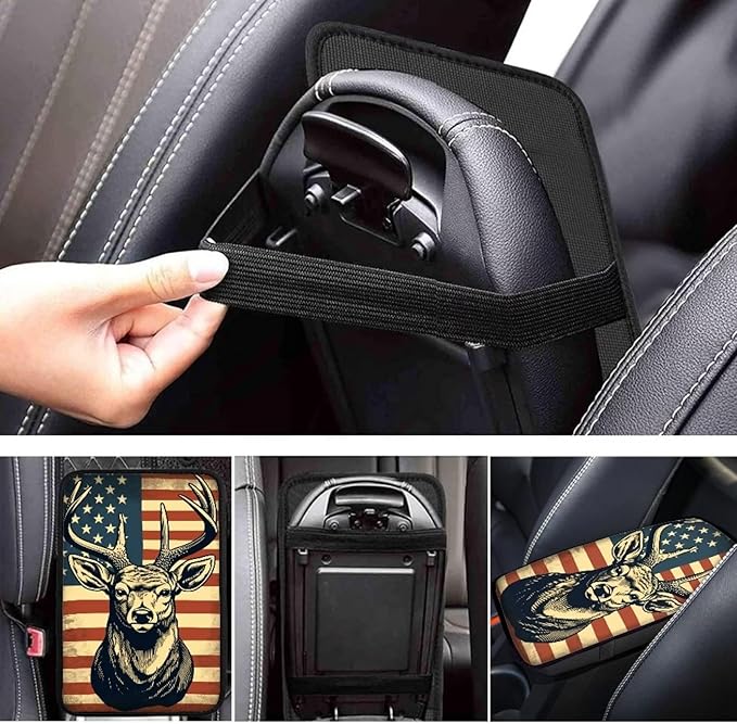 Car Center Console Pad, Universal Waterproof Car Armrest Seat Box Cover, Car Interior Accessories for Most Vehicle SUV Truck Vintage American Flag Moose Car Armrest Pad