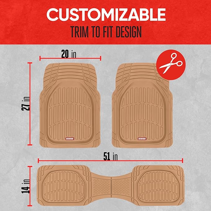 BDK Beige Heavy Duty Front & Rear Rubber Floor Mats Universal Liners for Car SUV Van & Truck, All Weather Protection with Anti-Slip Nibs, Fit Contours of Most Vehicles