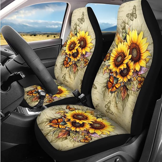 Dngkaoje Sunflower Butterfly Car Seat Cover Full Set for Front and Back,13 Pcs Automotive Accessories Set Vintageul Sunflowers Print Armrest Cover Protector,Seat Belt Pads,Handbrake Shift Covers