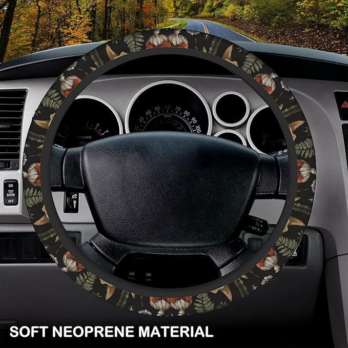 Vintage Mushroom Dragonfly Flower Steering Wheel Cover, Non-Slip Breathable Neoprene Steering Wheel Covers, Women Car Accessories Universal 15 Inch Fit Auto, Suvs, Truck