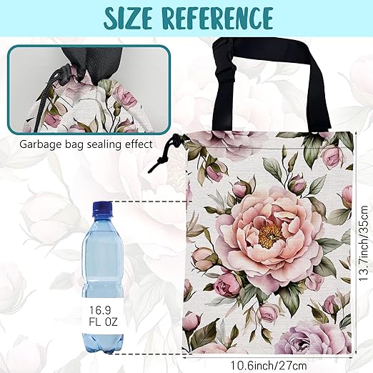 KXWQTRDD Car Trash Bag Pink Peonies and Green Leaves Leak-Proof Car Garbage Bag with Drawstring Foldable Canvas Trash Bin with Adjustable Buckle for Car Accessories